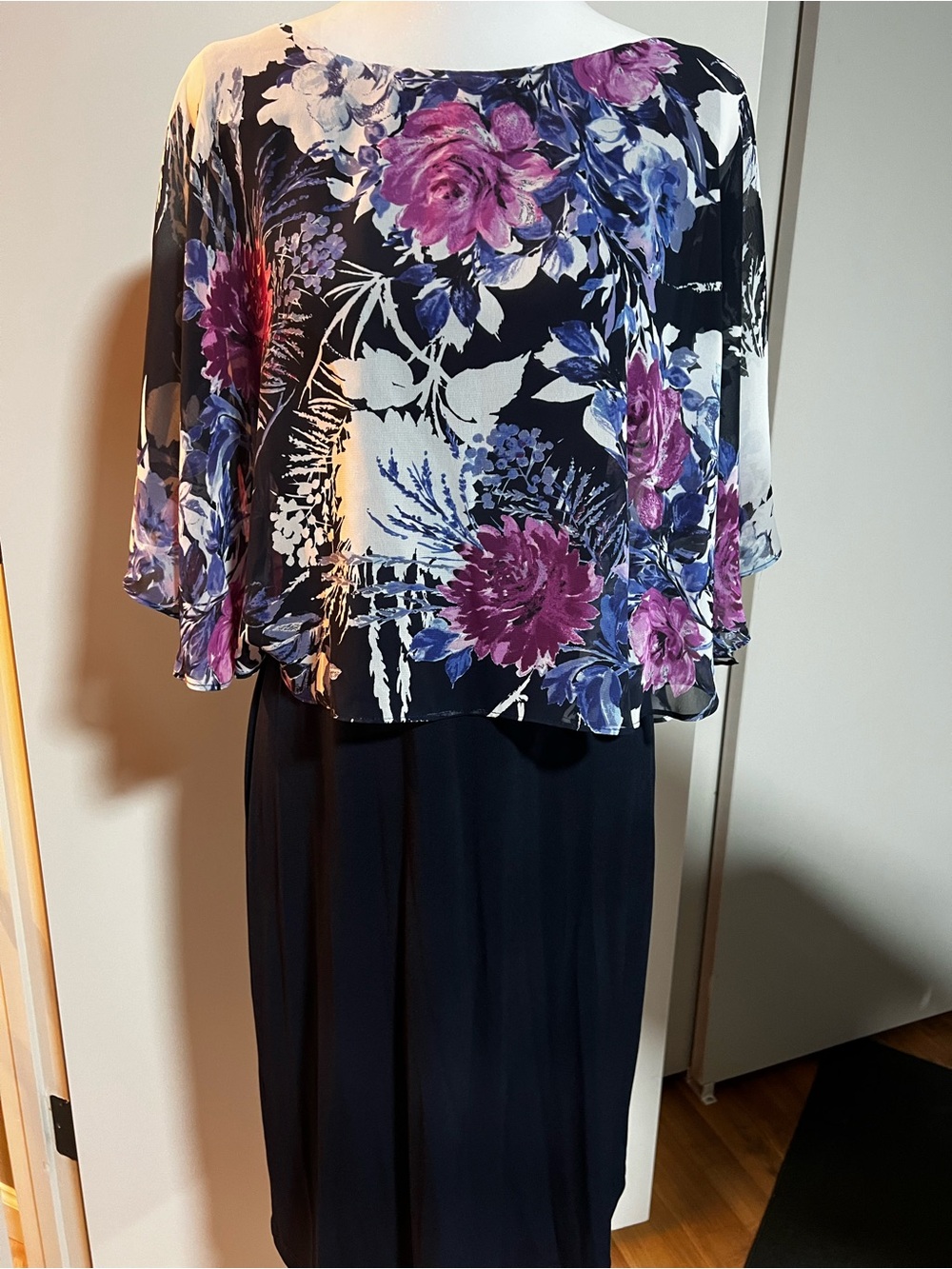 connected apparel Navy Floral Overlay Blouse with Pink & Blue Blooms